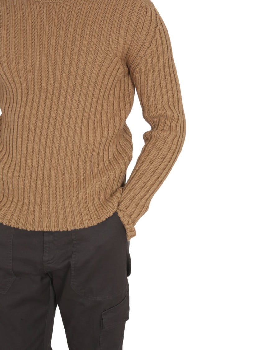 Ten C Brown Ribbed Turtleneck Sweater Neutraal