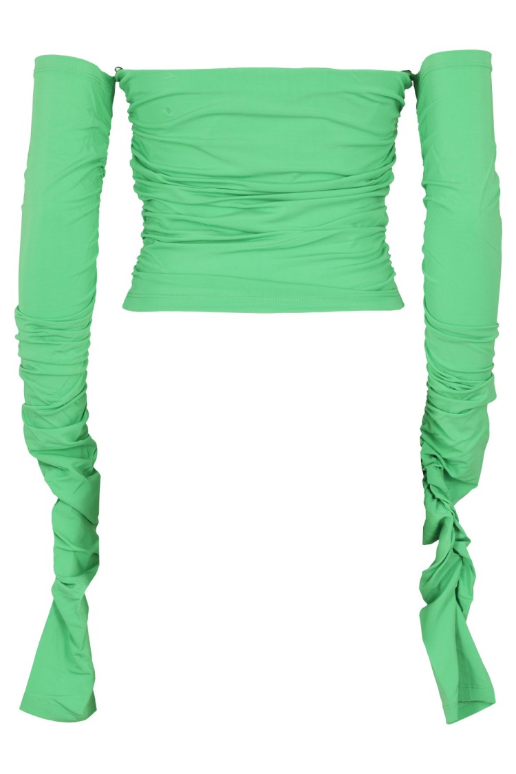 The Andamane Off-Shoulder Green Draped Top With Long Sleeves Groen