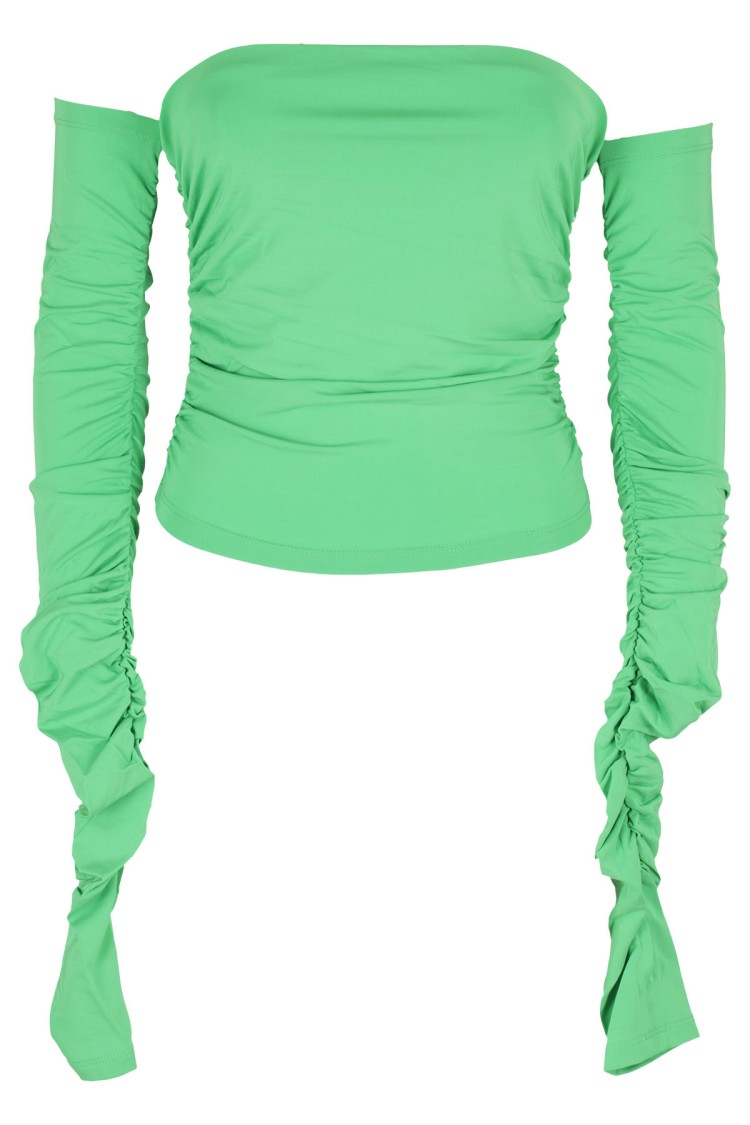 The Andamane Off-Shoulder Green Draped Top With Long Sleeves Groen