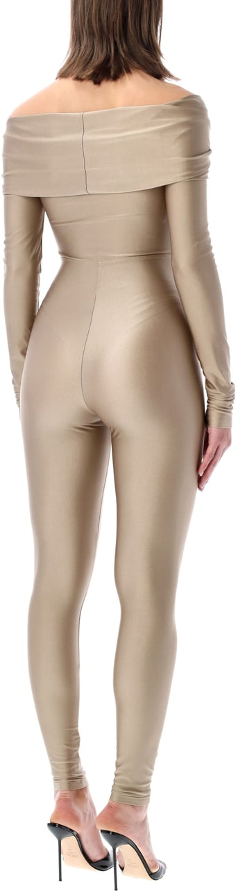 The Andamane Kendall Off Shoulder Jumpsuit Light Greige Taupe