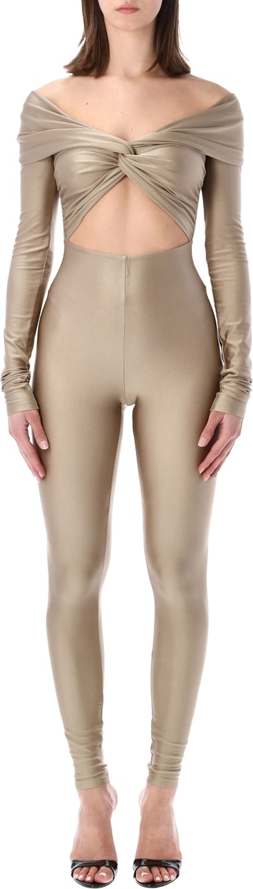 The Andamane Kendall Off Shoulder Jumpsuit Light Greige Taupe