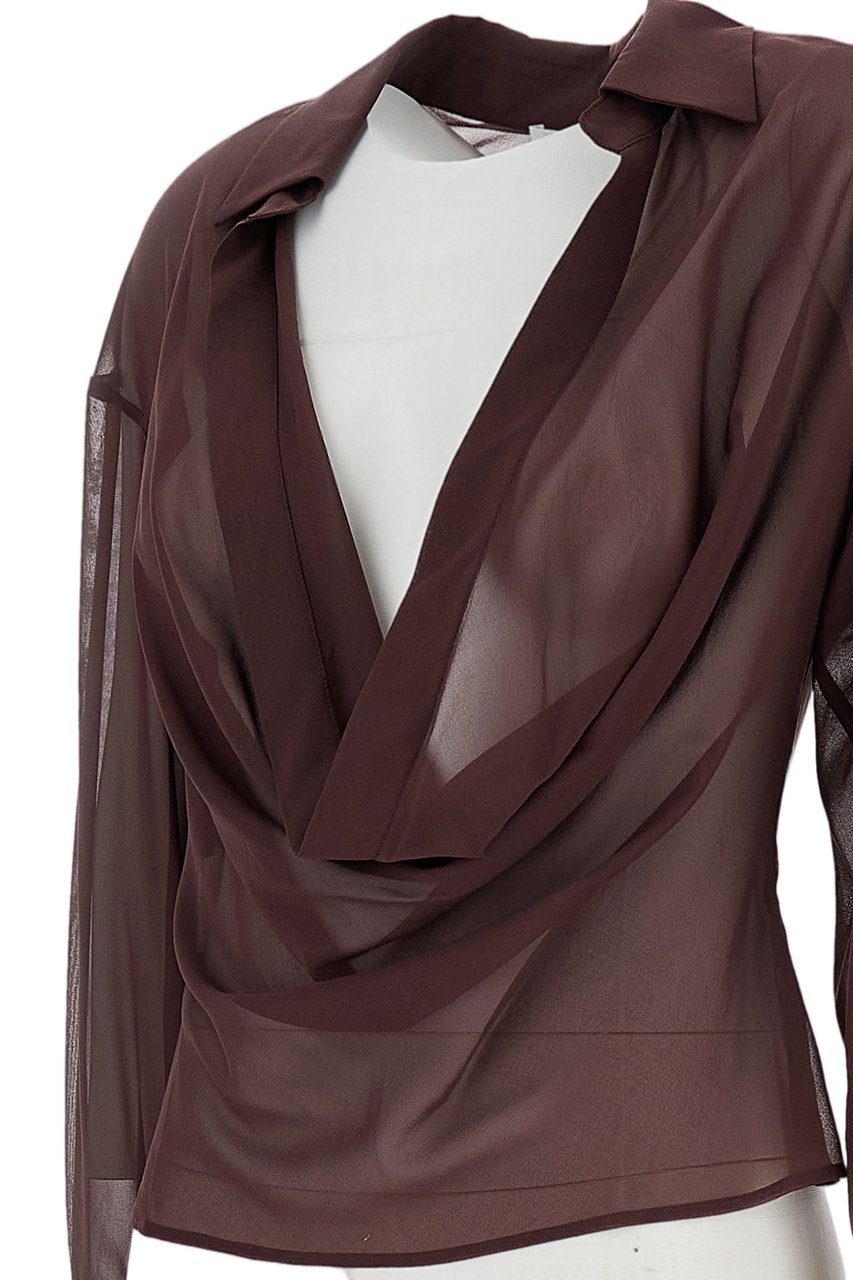 The Andamane Sheer Silk Blend Blouse with Deep V-Neckline and Tailored Darts Maroon
