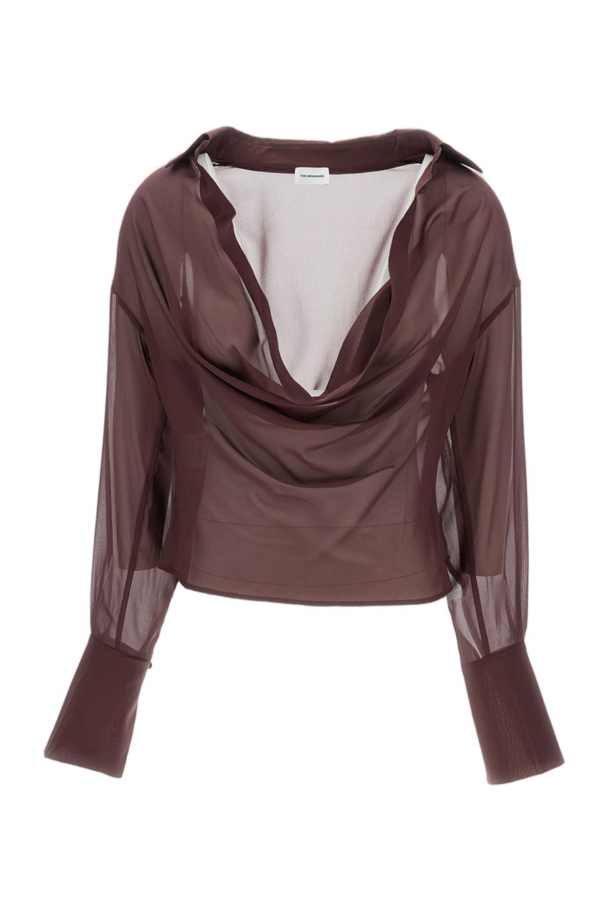 The Andamane Sheer Silk Blend Blouse with Deep V-Neckline and Tailored Darts Maroon
