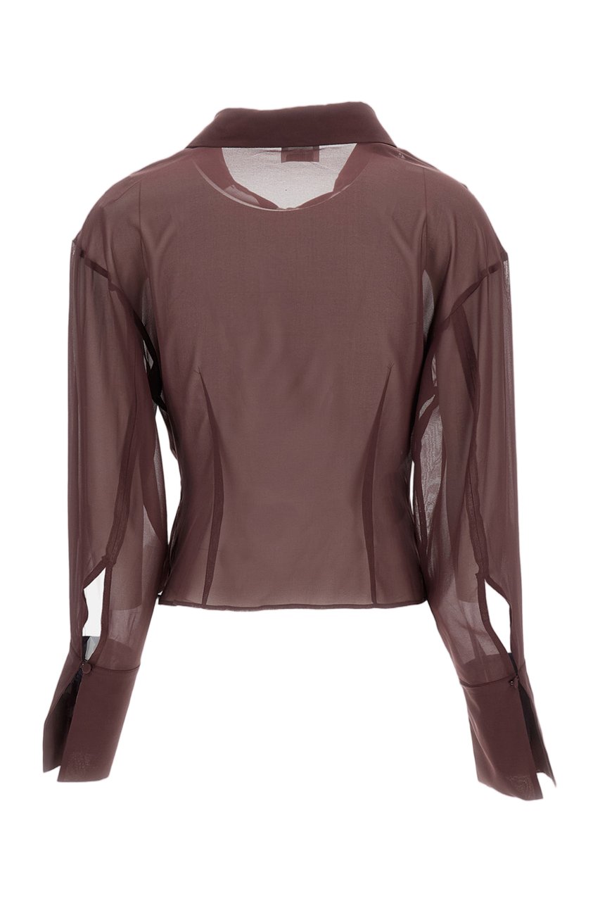 The Andamane Sheer Silk Blend Blouse with Deep V-Neckline and Tailored Darts Maroon