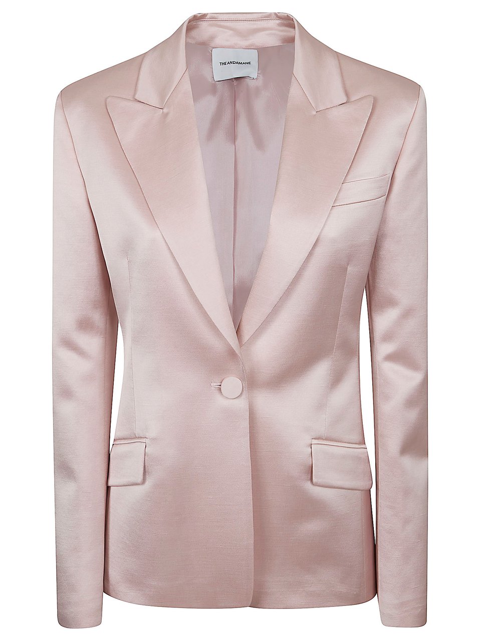 The Andamane Fitted Satin Blazer with Peak Lapels and Padded Shoulders Wit