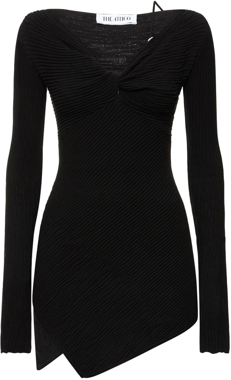 The Attico Elegant black dress with long asymmetric sleeves Zwart
