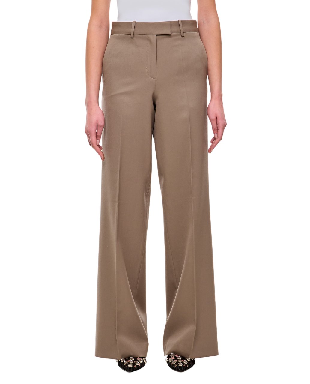 The Attico Tailored Wide-Leg Gabardine Trousers With Metal Detail Bruin