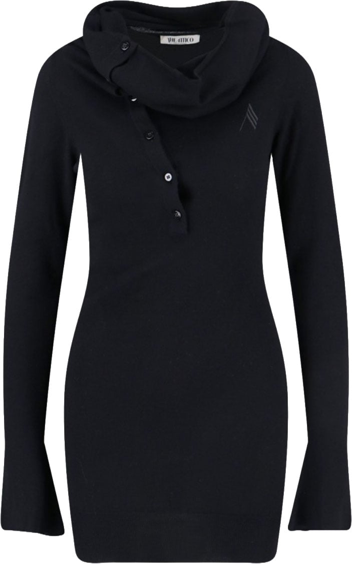 The Attico Asymmetrical Collar Black Dress With Logo Embroidery Zwart