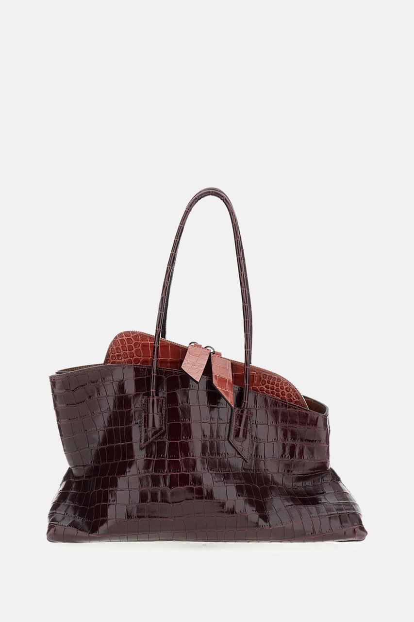The Attico Asymmetrical Trapezoid Shoulder Bag in Two-Tone Crocodile-Effect Leather Rood