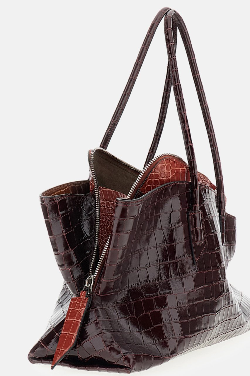 The Attico Asymmetrical Trapezoid Shoulder Bag in Two-Tone Crocodile-Effect Leather Rood