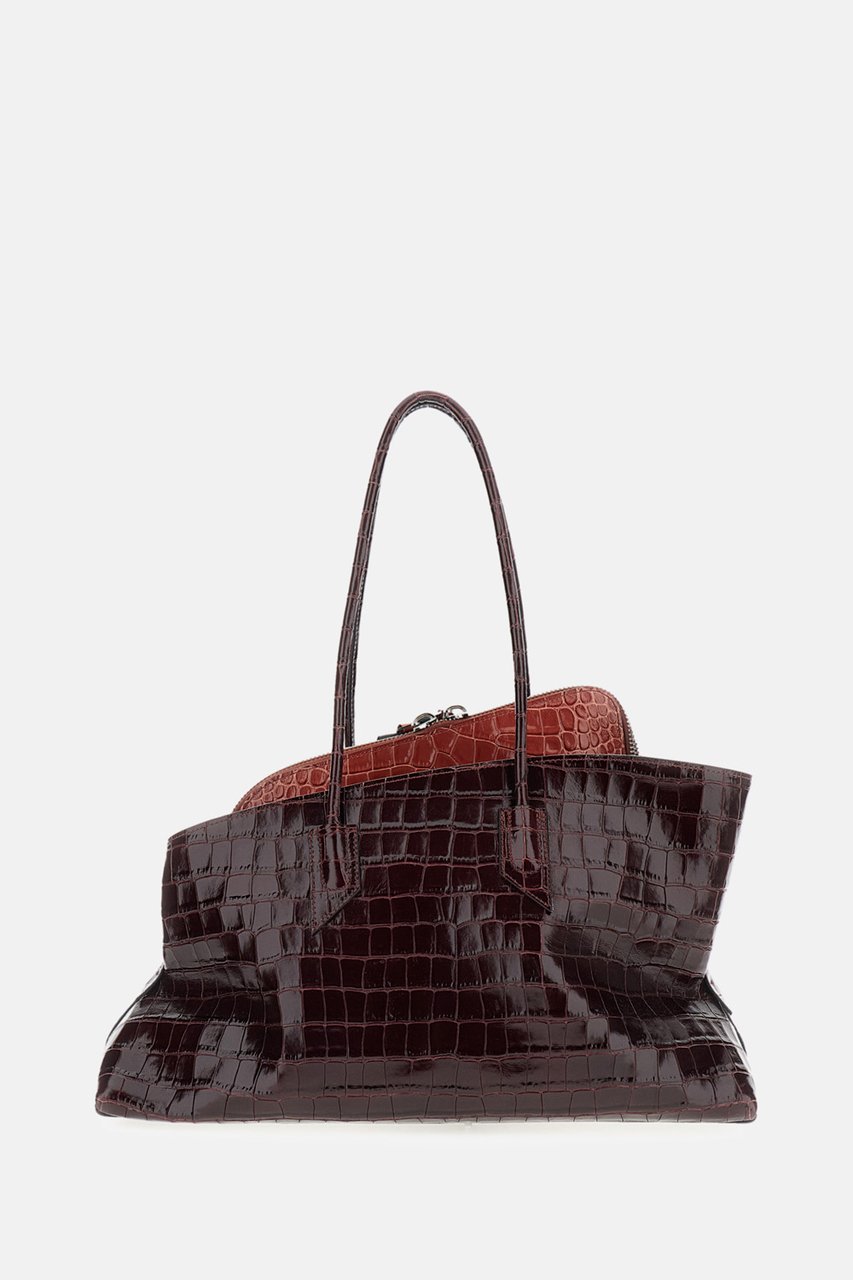 The Attico Asymmetrical Trapezoid Shoulder Bag in Two-Tone Crocodile-Effect Leather Rood
