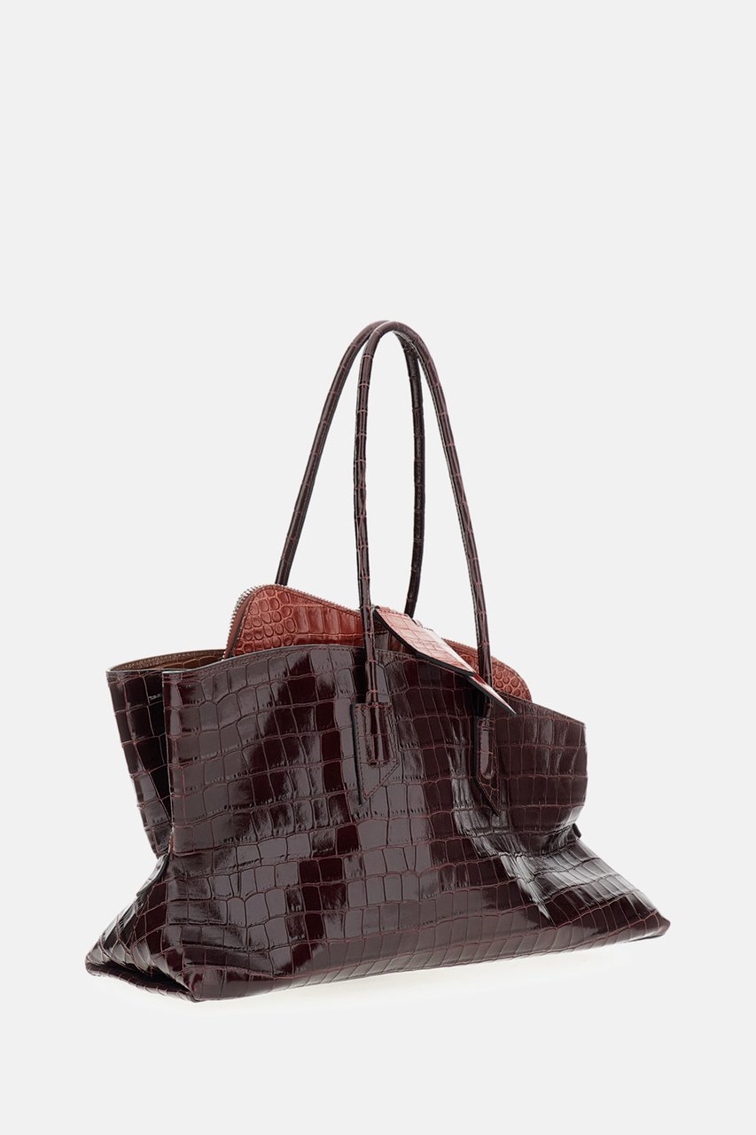 The Attico Asymmetrical Trapezoid Shoulder Bag in Two-Tone Crocodile-Effect Leather Rood