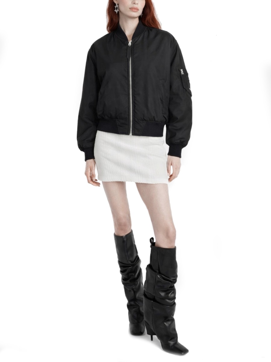 The Attico Neutrals Cropped Zipper Sleeve Polyester Bomber Jacket Zwart