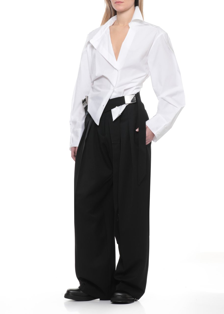 The Attico Black Virgin Wool Belted Palazzo Pants Zwart