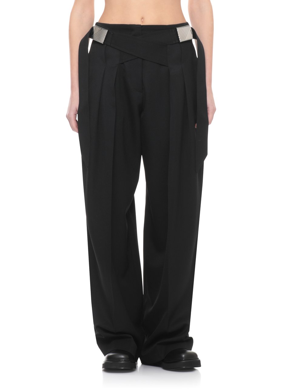 The Attico Black Virgin Wool Belted Palazzo Pants Zwart
