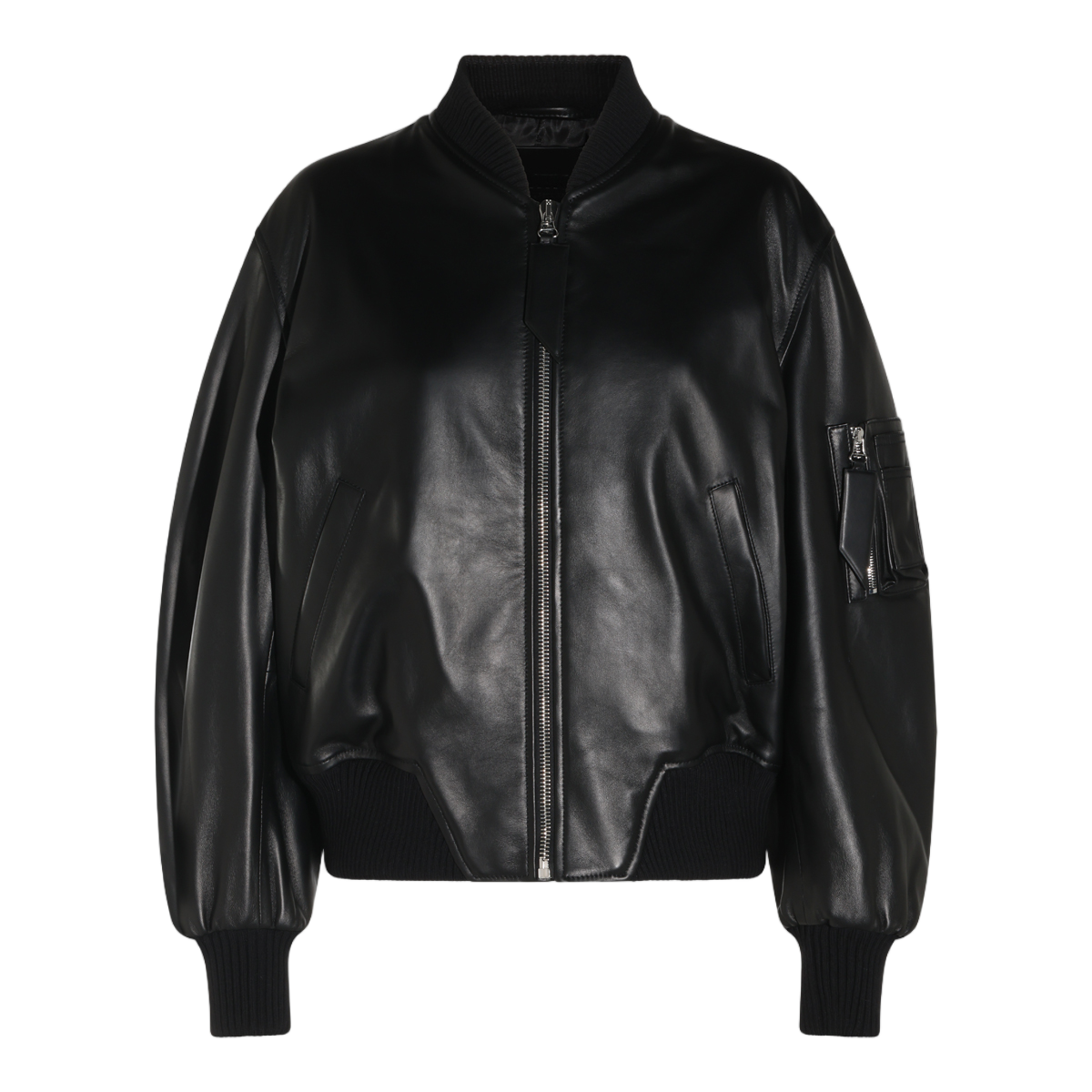 The Attico Smooth Black Leather Jacket with Zippered Pocket Zwart