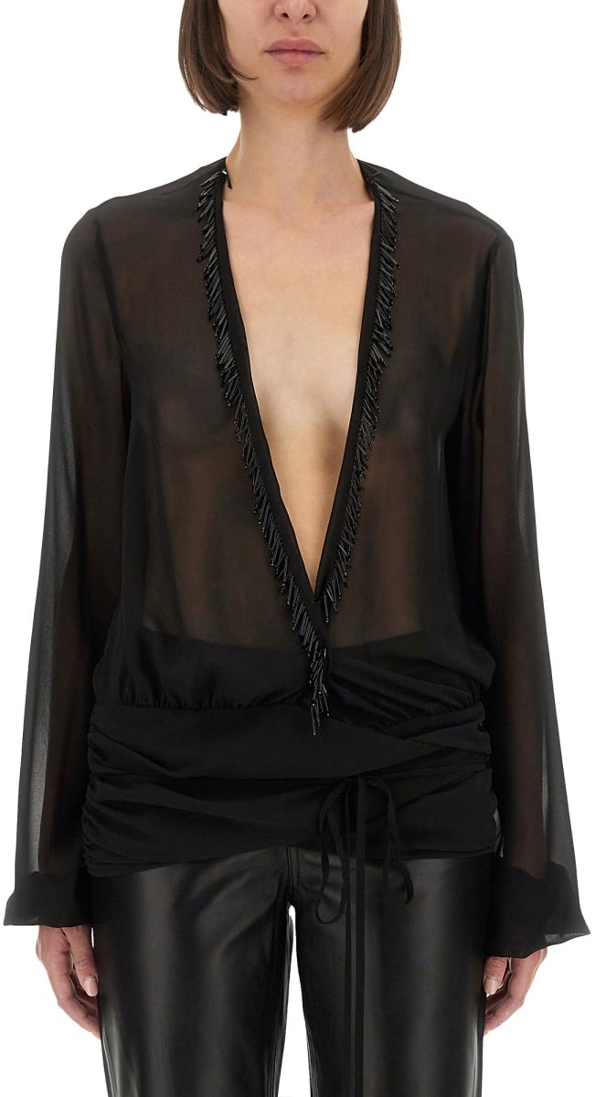 The Attico EMBROIDERED GEORGETTE BLOUSE Zwart