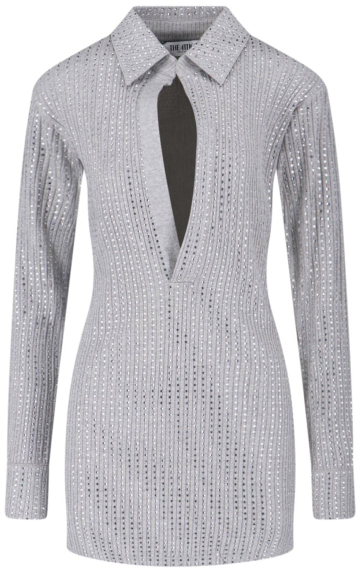 The Attico Fitted Grey Mini Dress With Reflective Embellishments Grijs