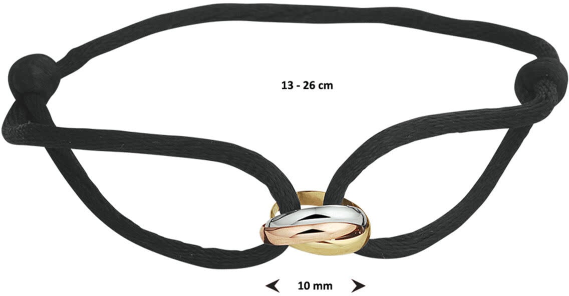 The House Of Blinckers THOB Armband 47.00154 14k Tri-color Goud Trinity met Zwart Satijn 13 - 26cm Zwart