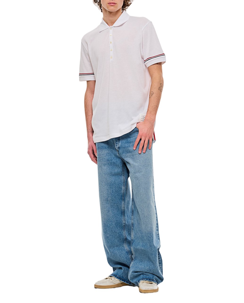 Thom Browne Ribbed Cuff Short Sleeve Polo Shirt with Button Closure Wit