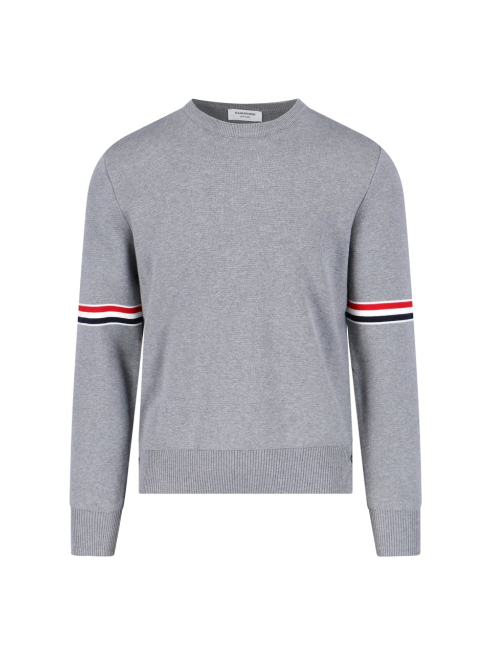 Thom Browne Grey Cotton Crewneck Sweater With Tricolor Grosgrain Highlights Grijs