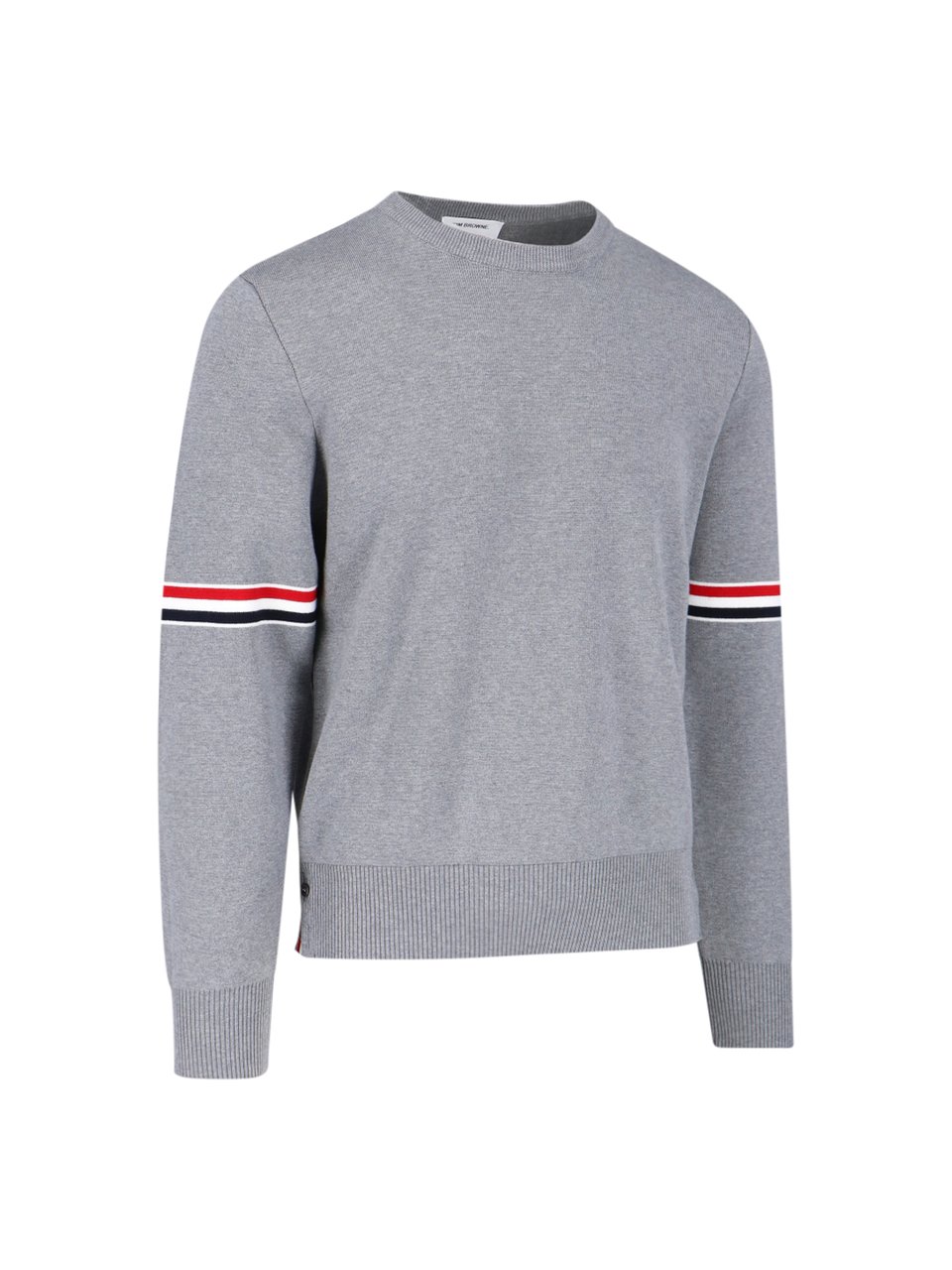Thom Browne Grey Cotton Crewneck Sweater With Tricolor Grosgrain Highlights Grijs