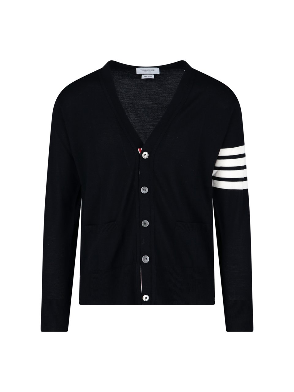 Thom Browne V-Neck Cardigan With Iconic Stripe Detail And Grosgrain Tab Blauw