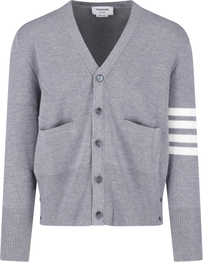 Thom Browne V-Neck Grey Cardigan Sweater with Button-Down Front and Signature Stripes Grijs