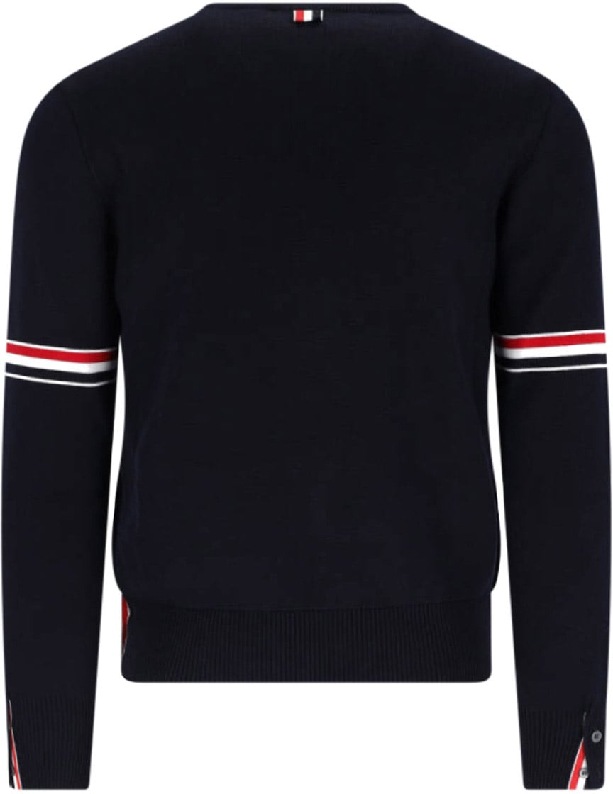 Thom Browne Navy Blue Cotton Sweater With Tricolor Grosgrain Accents Blauw