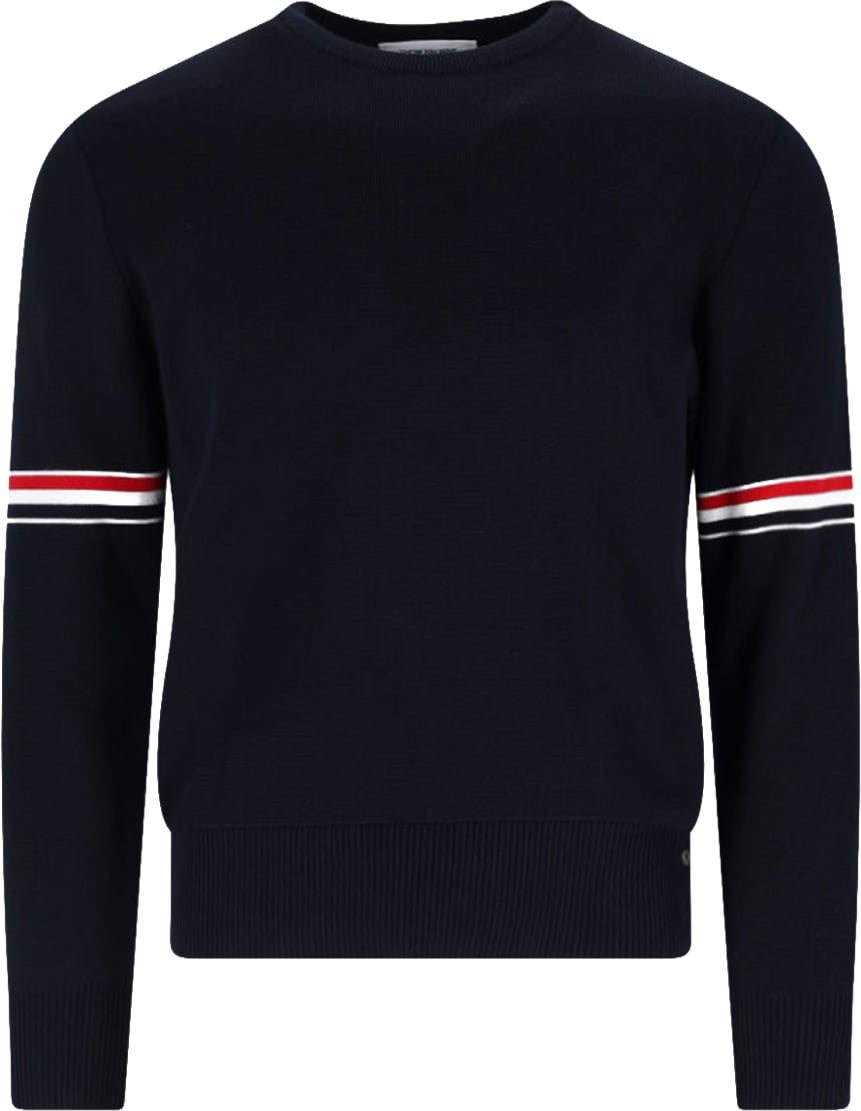 Thom Browne Navy Blue Cotton Sweater With Tricolor Grosgrain Accents Blauw