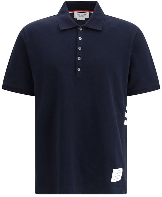 Thom Browne Short Sleeve Piqué Polo with Engineered Four-Bar Stripe Zwart