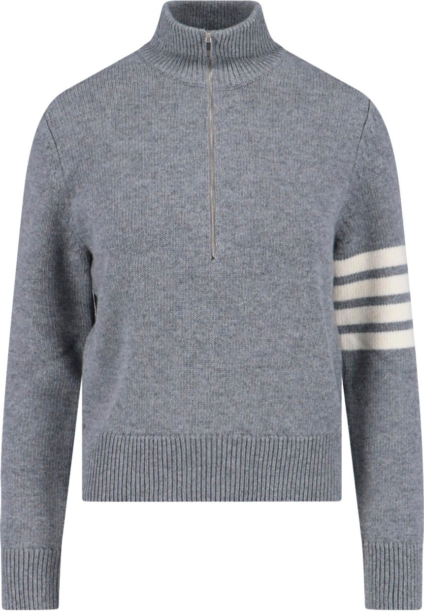 Thom Browne Grey Wool Zip Sweater 4-Bar Detail Grijs