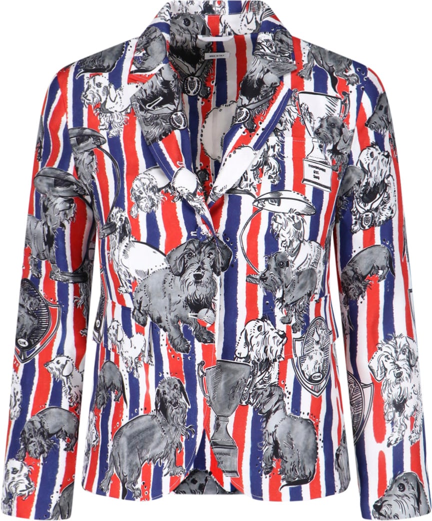 Thom Browne Multicolor Striped Dog Print Silk Blazer Blauw