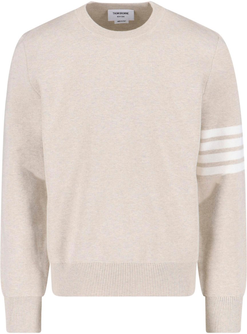 Thom Browne Beige Cotton Crew Neck Sweater with Four-Bar Detail Neutraal