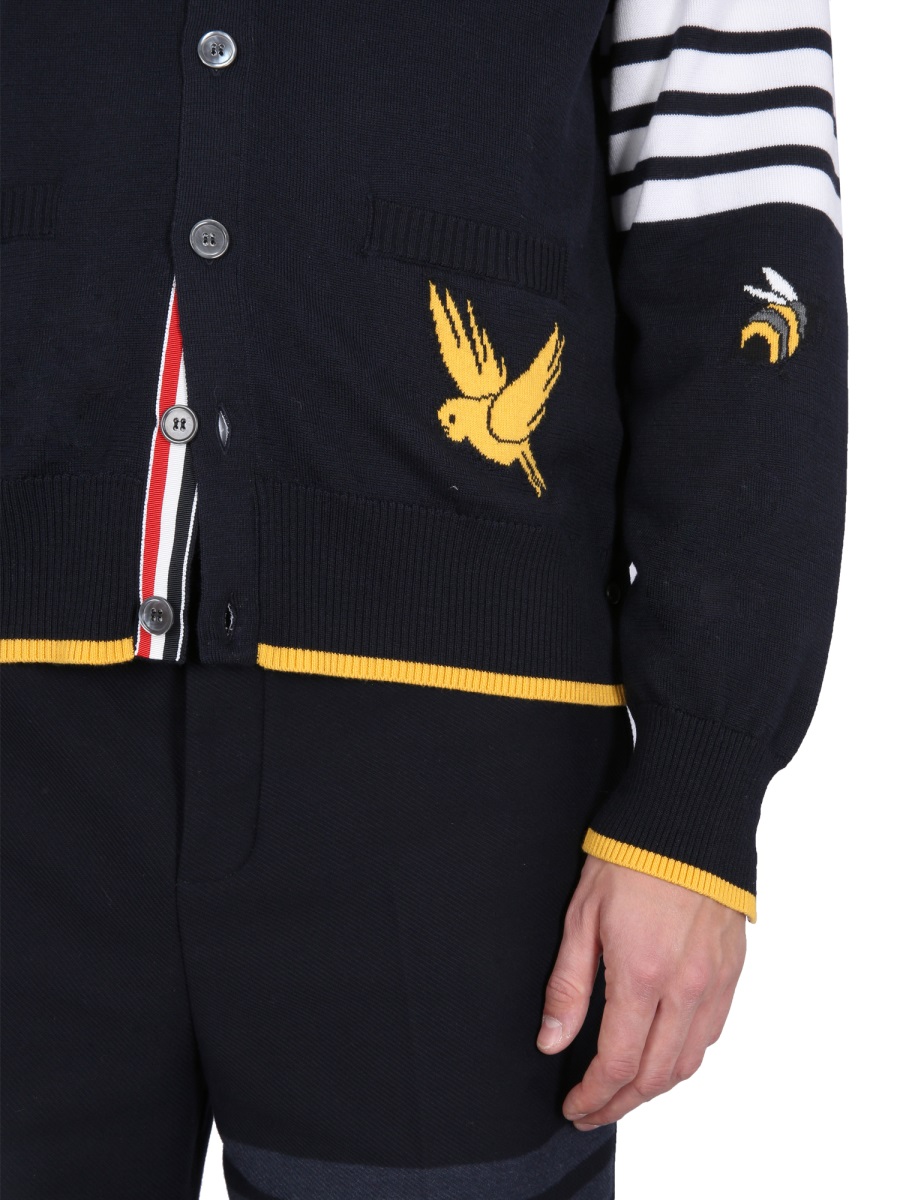 Thom Browne CARDIGAN WITH BIRDS AND BEES INLAYS Blauw
