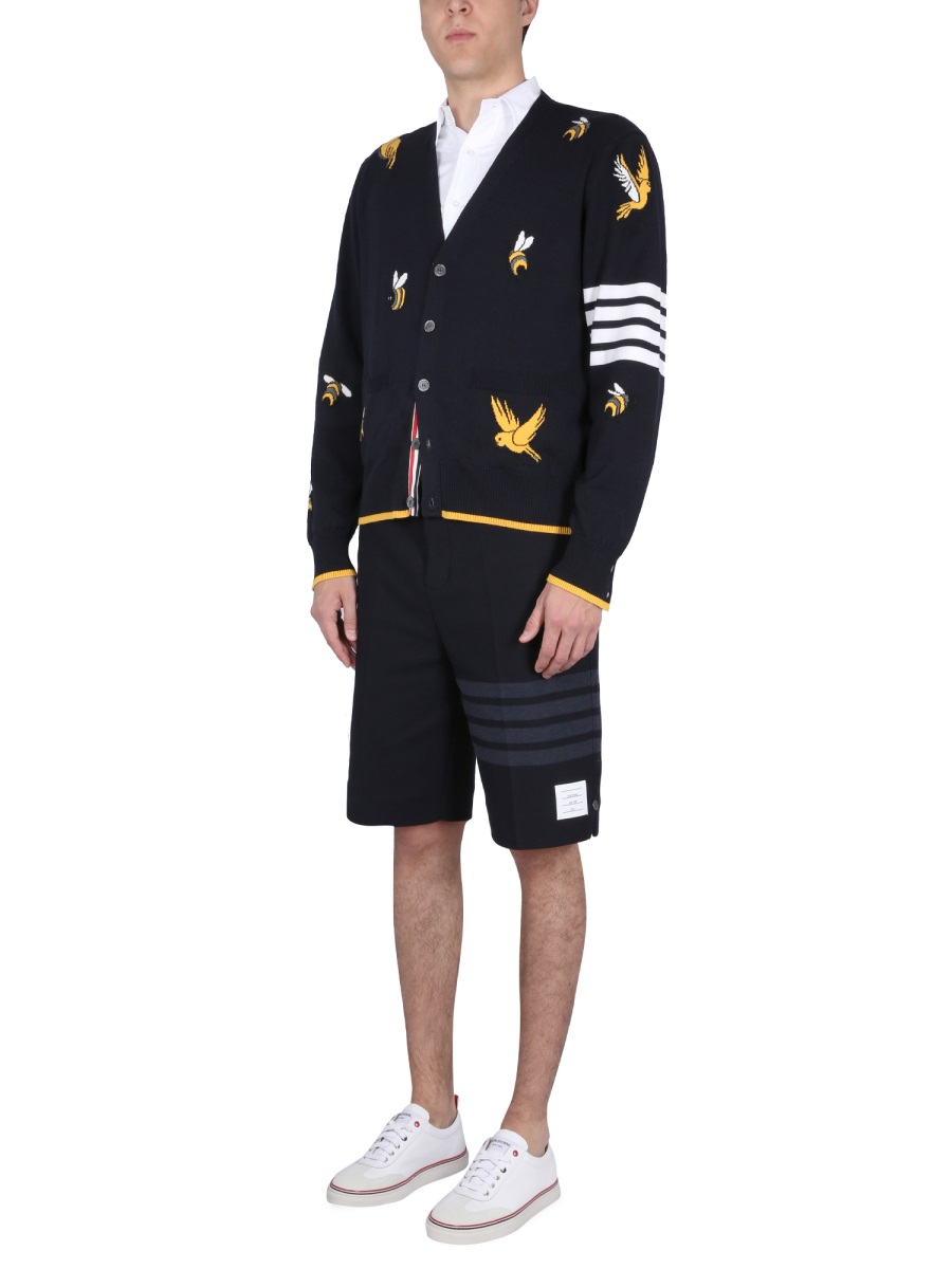 Thom Browne CARDIGAN WITH BIRDS AND BEES INLAYS Blauw