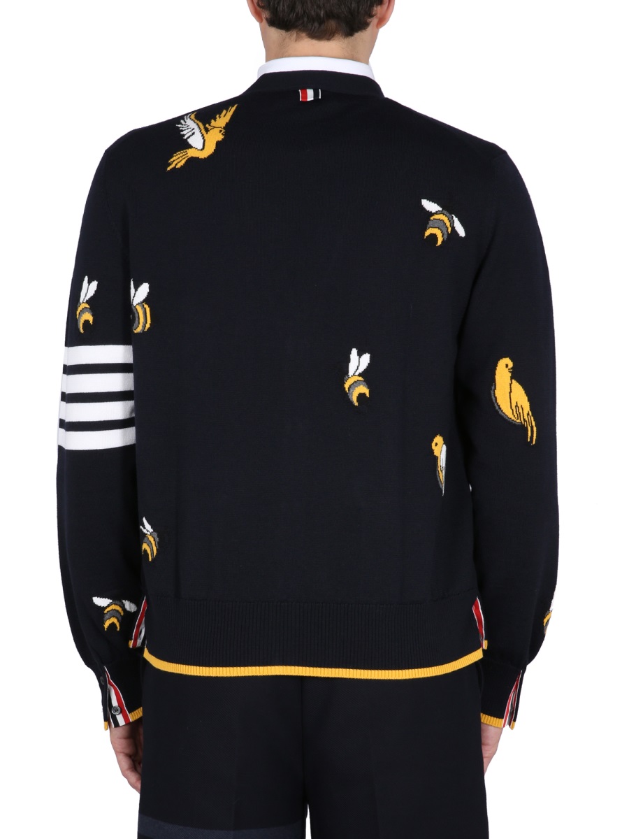 Thom Browne CARDIGAN WITH BIRDS AND BEES INLAYS Blauw