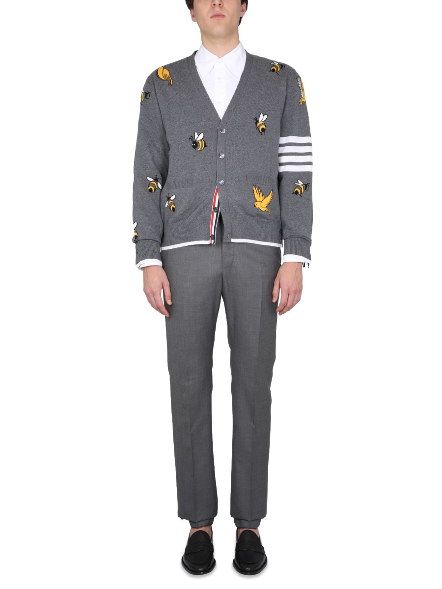 Thom Browne CARDIGAN WITH BIRDS AND BEES INLAYS Grijs