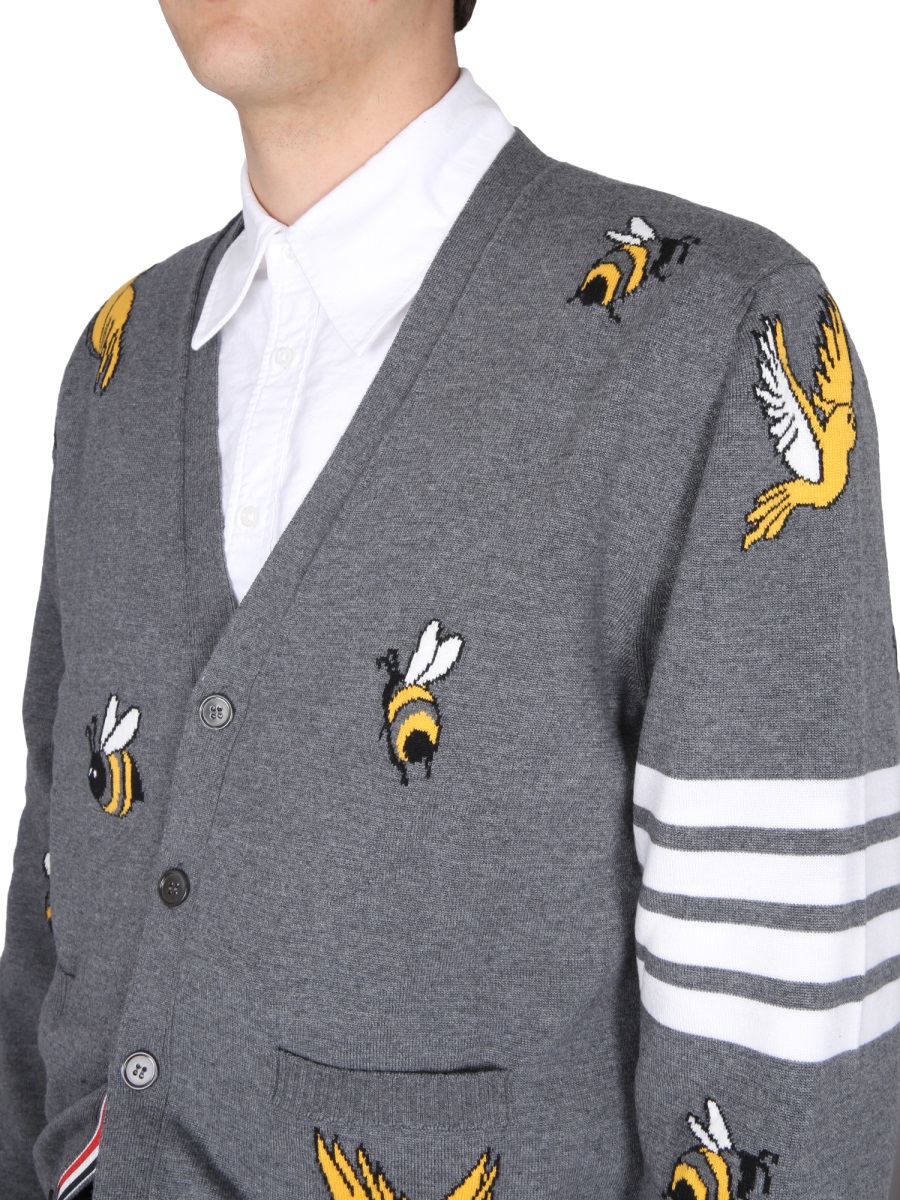 Thom Browne CARDIGAN WITH BIRDS AND BEES INLAYS Grijs