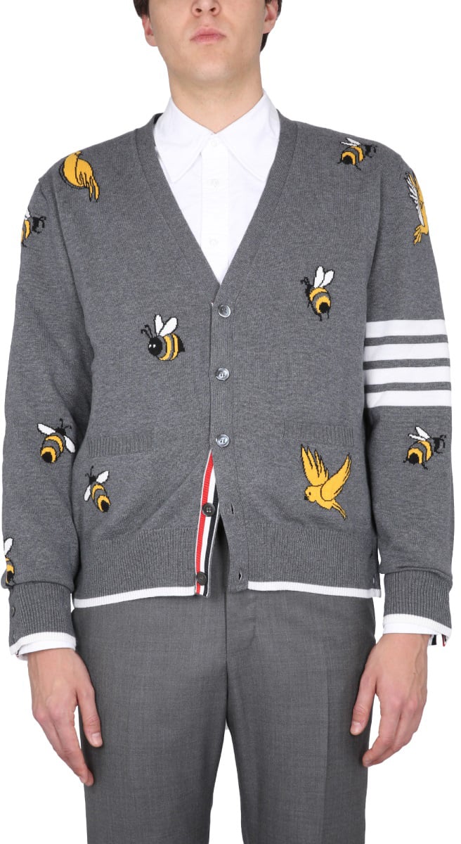 Thom Browne CARDIGAN WITH BIRDS AND BEES INLAYS Grijs