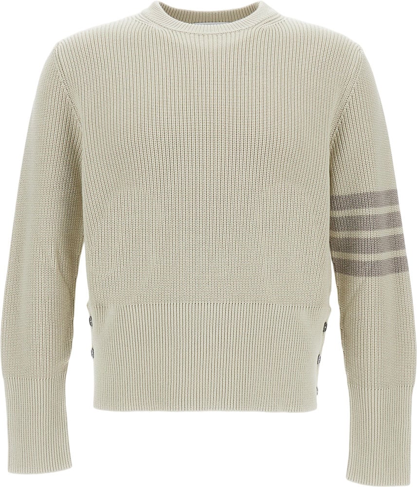 Thom Browne Garment-Dyed Crewneck Sweater with Distinctive Grosgrain Detail Neutraal