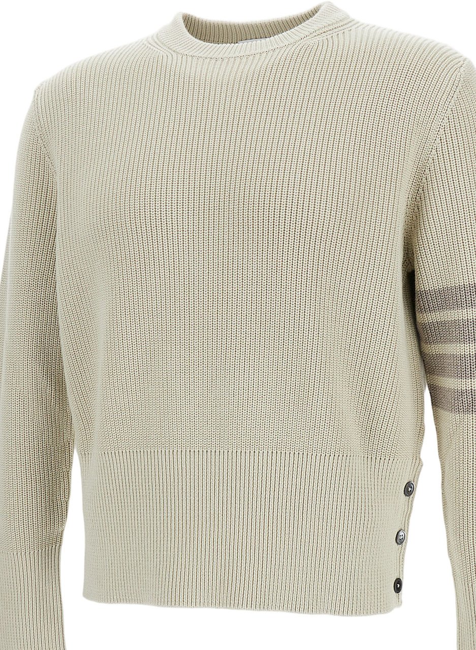 Thom Browne Garment-Dyed Crewneck Sweater with Distinctive Grosgrain Detail Neutraal