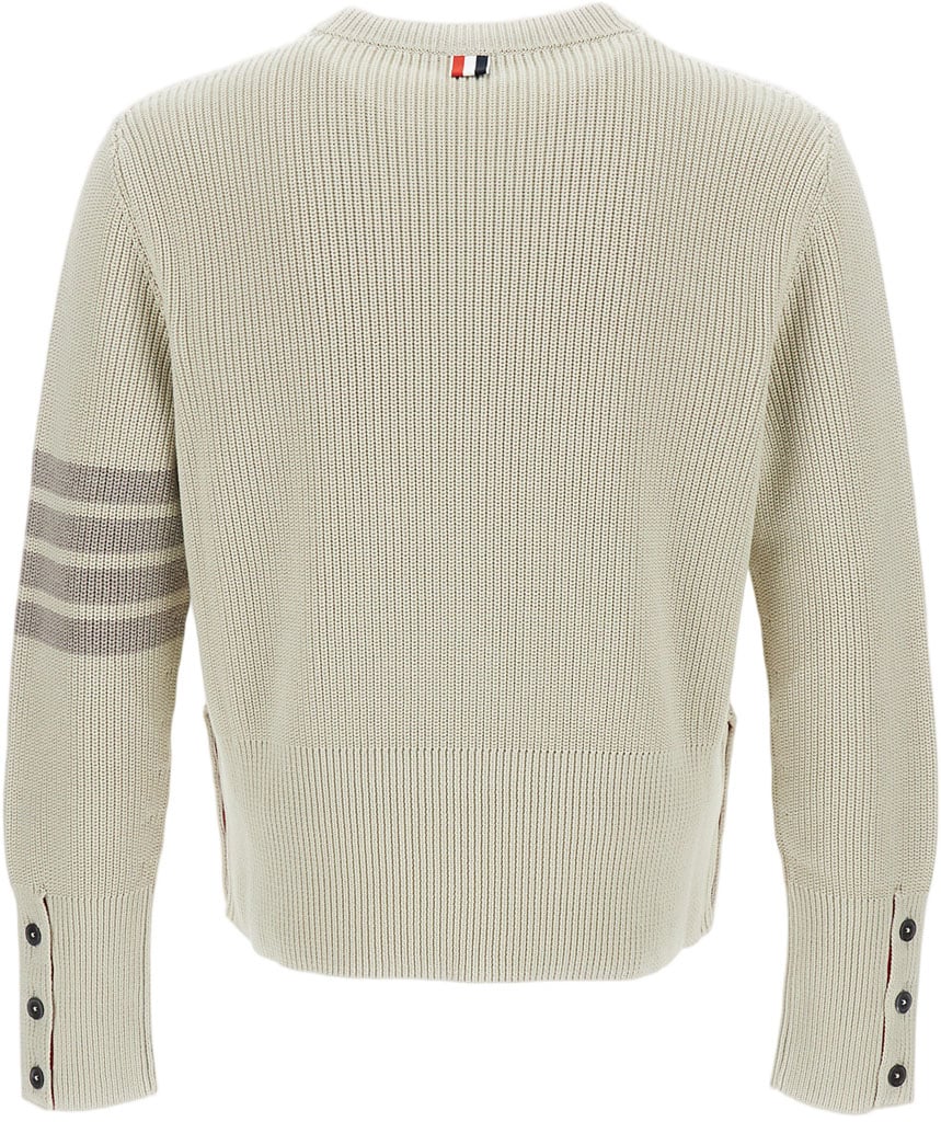 Thom Browne Garment-Dyed Crewneck Sweater with Distinctive Grosgrain Detail Neutraal
