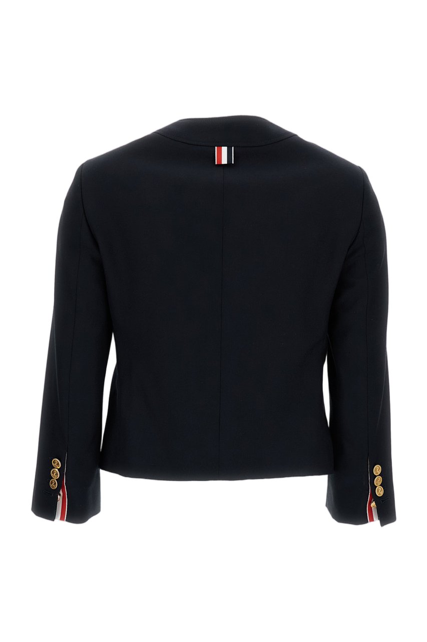 Thom Browne Boxy V-Neck Jacket in Hopsack Suiting Zwart