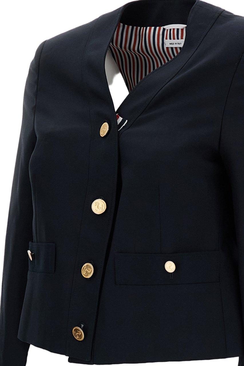 Thom Browne Boxy V-Neck Jacket in Hopsack Suiting Zwart