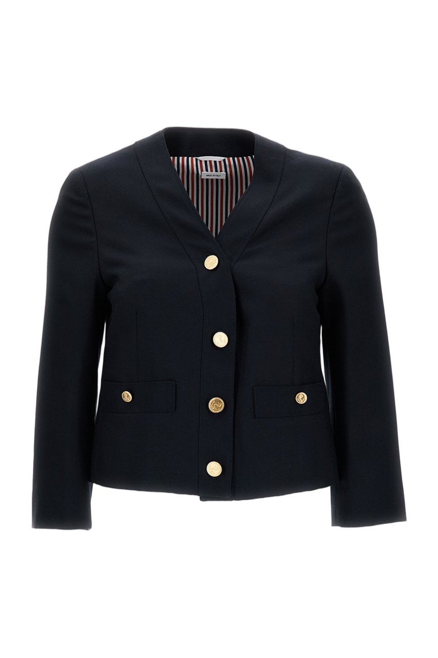 Thom Browne Boxy V-Neck Jacket in Hopsack Suiting Zwart