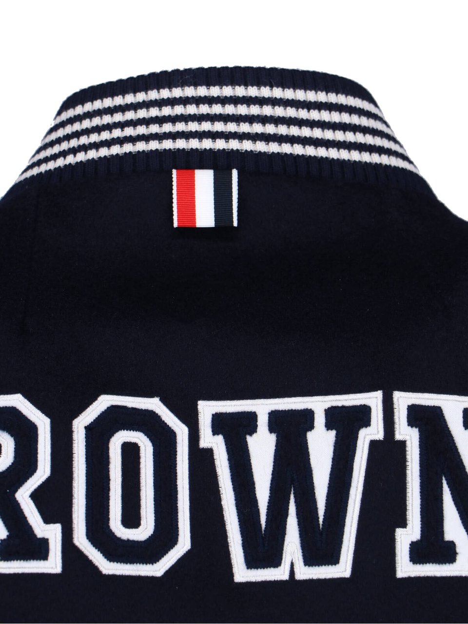 Thom Browne Navy Wool Varsity Leather Sleeve Jacket Blauw