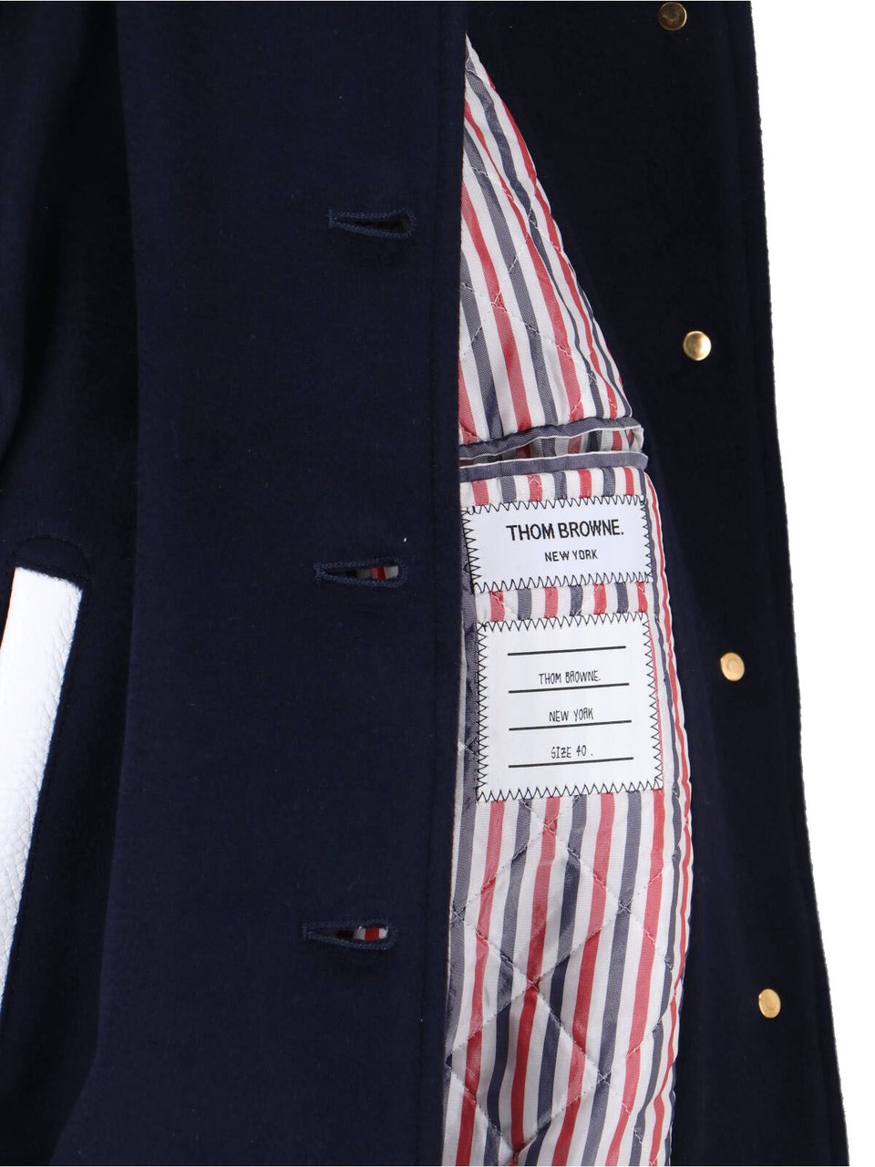 Thom Browne Navy Wool Varsity Leather Sleeve Jacket Blauw