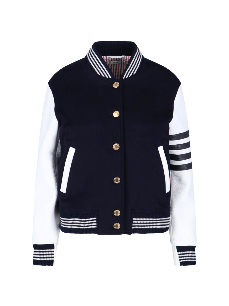 Thom Browne Navy Wool Varsity Leather Sleeve Jacket Blauw