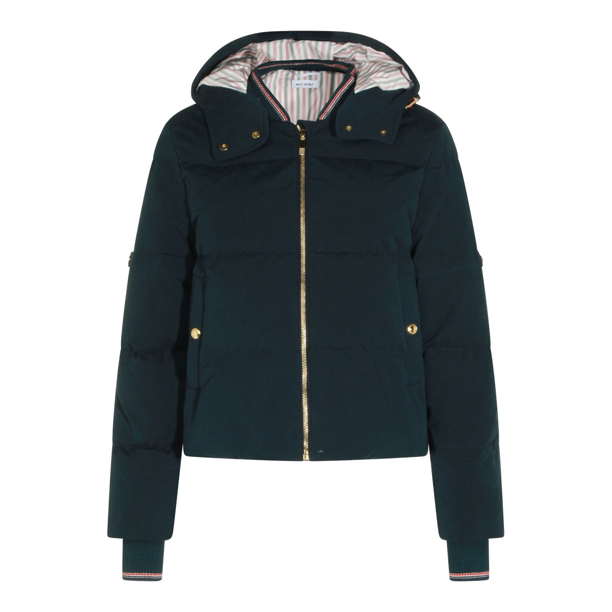Thom Browne Down Jacket With Detachable Hood And Iconic Striped Accents Zwart
